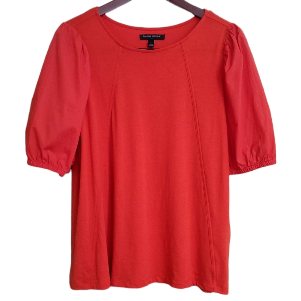 Banana Republic Top Puff Sleeves Bright Tomato Red Large
